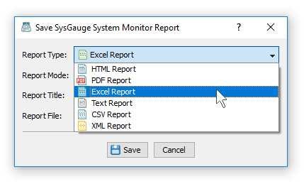 The SysGauge process monitor provides the ability to save process comparison reports to a number of standard formats including HTML, PDF, Excel, text, CSV and XML.