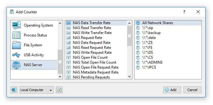 In addition to the dedicated NAS monitor module, the user can use the customizable 'System Monitor' module to configure user-custom NAS server monitoring profiles.
