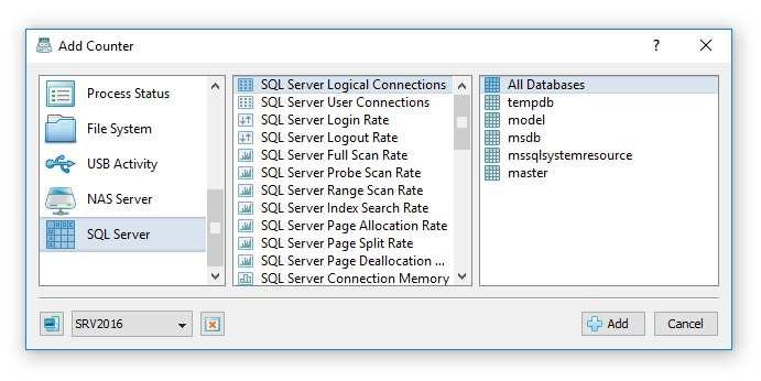 In addition to the dedicated SQL Server monitor, the user can use the customizable 'System Monitor' module to configure user-custom SQL Server monitoring profiles.