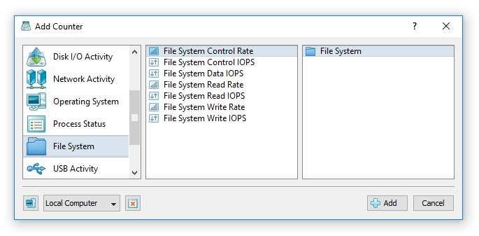 16 File System Monitoring Counters In order to add a file system counter, press the 'Add' button located on the main toolbar, selected the 'File System' counters category in the left-side view and