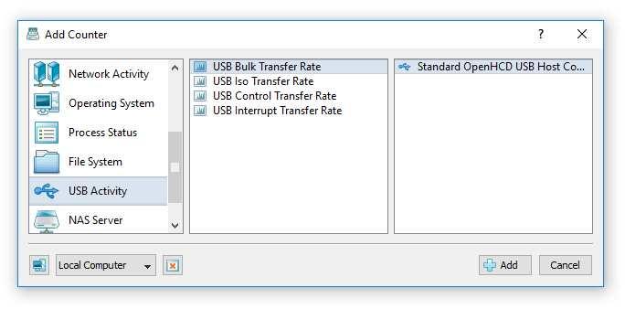 17 USB Activity Monitoring Counters In order to add a USB activity counter, press the 'Add' button located on the main toolbar, selected the 'USB Activity' counters category in the left-side view,