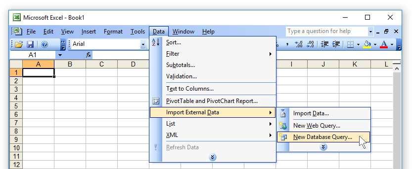 In order to import system monitoring results from the SQL database to Microsoft Excel, open the Microsoft Excel application select the menu 'Data - Import