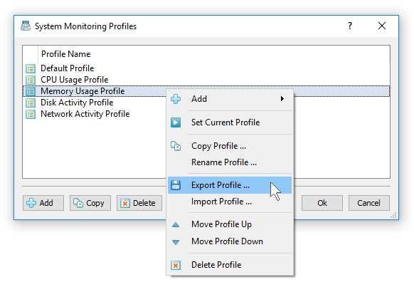 On the 'Profiles' dialog, press the 'Add' button and select an appropriate type of the system monitoring profile to add.