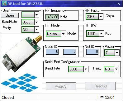 Figure 3: Interface of RF Tool Users can configure the parameters (frequency, data rate, output power, RF Factor, RF Bandwith etc.) through PC or in circuit. Setting through PC.