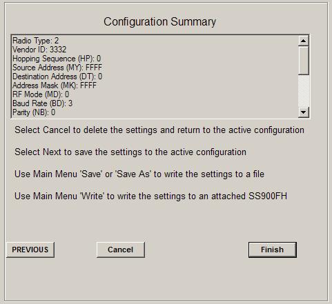 The last step of the configuration wizard, Figure 9, shows a summary of the radio configuration with the