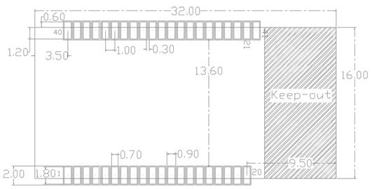 Datasheet [Page 7] 1.2 Pin arrangement has 41 pins in two rows (1x20 and 1x21) with 0.8mm pitch.
