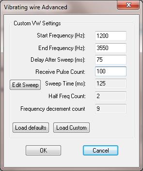 8 Vibrating Wire Type: A drop down menu allows the user to select from a list of preset sweep frequency settings.