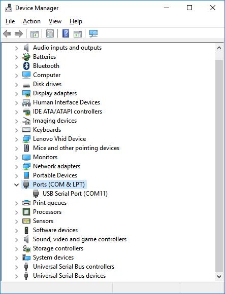 7.1.3 Dev-kit connections To use the dev-kit in modem UART mode: Figure 8 USB serial port listed for the FTDI communication cable - Connect the communication cable (TTL-232R-3V3-2MM) in the FTDI