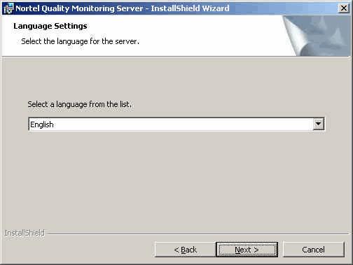 Nortel Quality Monitoring Server Installation Standard 4.02 The Language Settings screen is displayed.