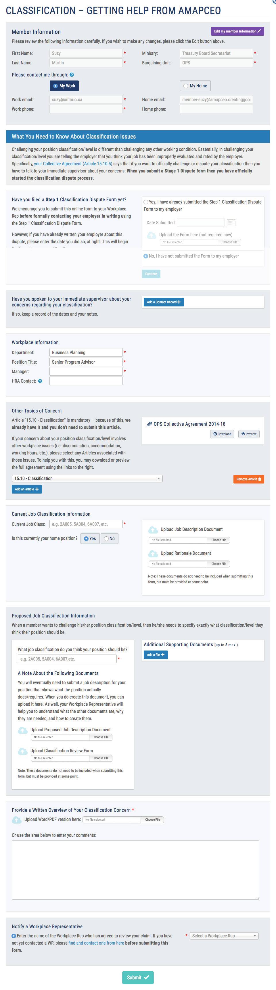 For Members: Completing the Form (Classification) SELECTING DISPUTED ARTICLES Use the dropdown and Add Article button together to add as many Collective Agreement articles as you wish that are