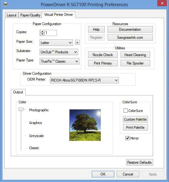 3) With the PowerDriver-R SG7100 Printing Preferences window open, click the Virtual Printer Driver tab.