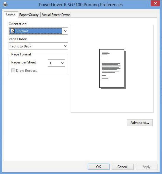 4) At the top of the PowerDriver-R SG 7100DN Printing Preference window, click the Layout tab.