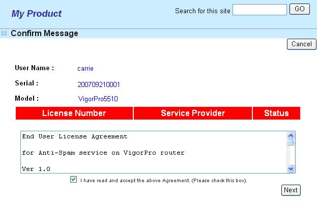 6. From the Device s Service section, click the Trial button for AS (Anti-Spam) service. In this page, check the box of I have read and accept the above Agreement.