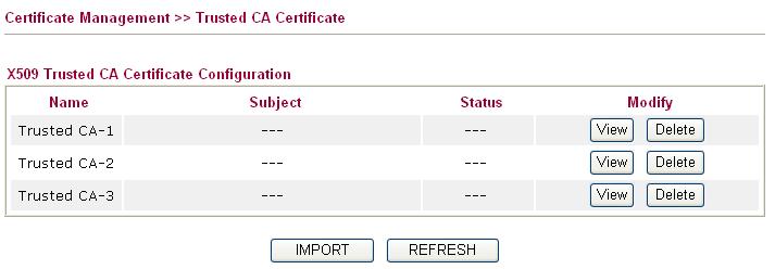 3.10.2 Trusted CA Certificate Trusted CA certificate lists three sets of trusted CA certificate.