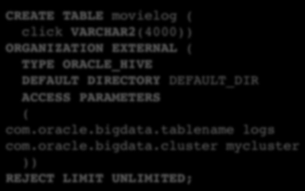 tablename logs com.oracle.bigdata.