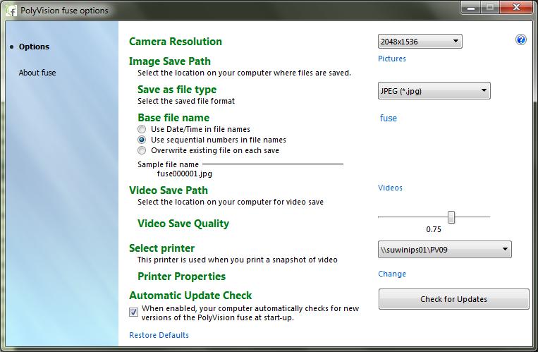 fuse application settings The fuse application enables you to configure options for saving files and printing.