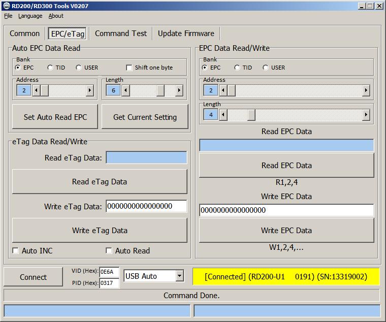 EPC/eTag (RD200-U1 UHF reader only) 1. Auto EPC Data Read : Select correct bank(epc, TID or USER), address and length to setup RD200-U1 auto read data.