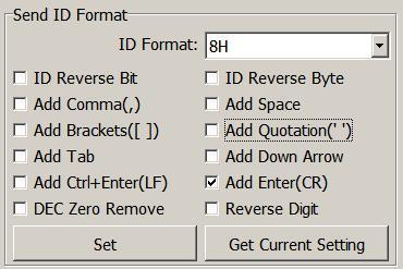 6. Send ID Format This tool provide many ID format to choose, such as 4~16 numbers of hexadecimal and 4~13 numbers of decimal. Also can put comma, space etc.