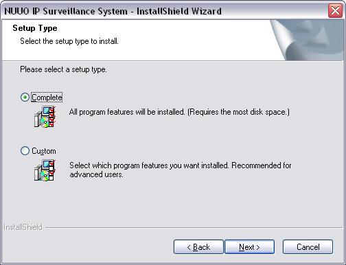 Software Installation Step 7: Select Complete Setup Type or Custom Setup Type to install the System. COMPLETE SETUP TYPE Install all program features into the default directory.