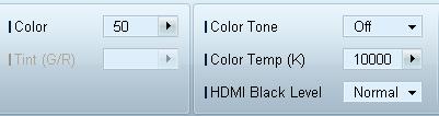 Color Color and Tint (G/R) are not available if the input source is PC. Color, Tint (G/R), Color Tone and Color Temp. are not available if both PC Source and Video Source are selected.