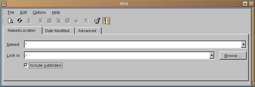 4. When the kfind GUI appears, have kfind search all files on the system.