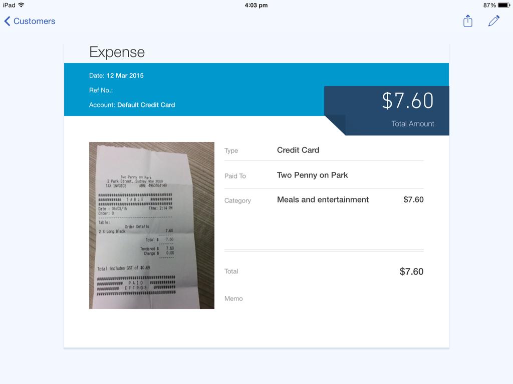 Organise and Track Expenses CAPTURING EXPENSES ON A IPAD/IPHONE 1. To create an expense on an ipad/iphone tap the plus sign and select expense 2.
