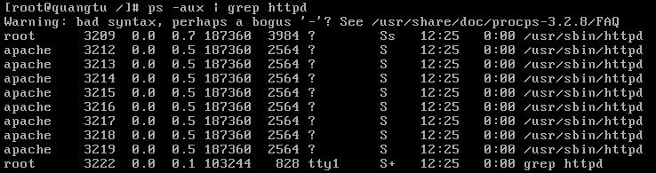 Ngừng dịch vụ httpd. ps -aux grep httpd Xem các thông tin trong gói httpd. service httpd status Xem tình trạng hoạt đông của dịch vụ httpd: đã ngừng.