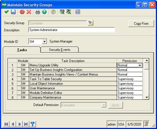 Chapter 5 Setting security for Web parts Use Maintain Security Groups (accessed from the System Manager module) to establish permissions for the Web Parts available in Business Insights Dashboard.