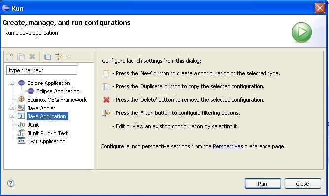 If the Run button is gray (so it doesn't respond when you click on it), select Java Application, click the New launch configuration icon at the top of the dialog, enter the
