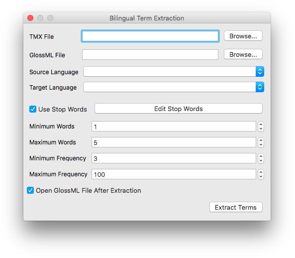 Bilingual Term Extraction for extracting common terms from a TMX file. 1. In the Tasks menu, select Bilingual Term Extraction or click the button. 2.