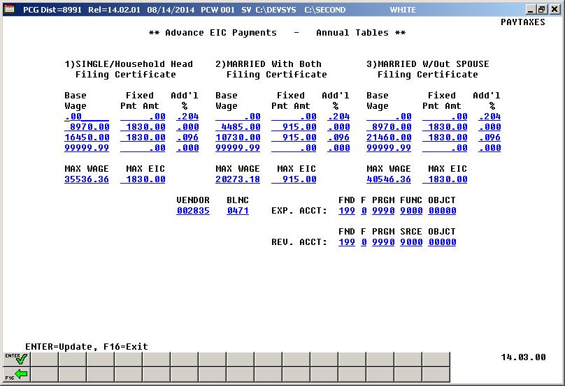 The following screen displays for calendar year 2011: According to IRS Publication 15 (Circular E), Employer's Tax Guide 2011, the option of receiving advance payroll payments of Earned Income Credit