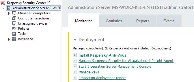 To launch the Wizard, select the Administration Server folder and click the Manage Kaspersky Security for Virtualization Light Agent element.