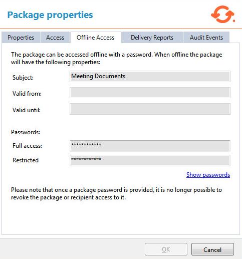 2. Go to the Offline Access tab. 3. Use the fields to set the package properties. Press Show passwords to reveal the secure passwords. Different levels of access can be determined by policy.