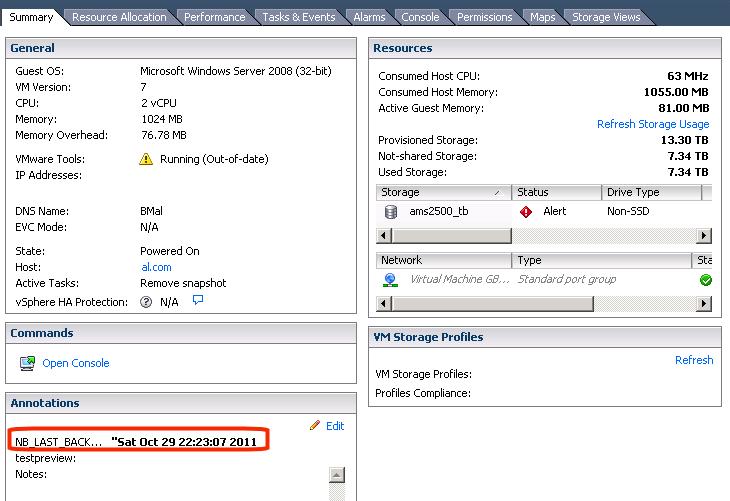 Back up virtual machines Viewing NetBackup activity in vsphere Client 136 6 To see the date and time of the last backup for a particular virtual machine, select the virtual machine and click the