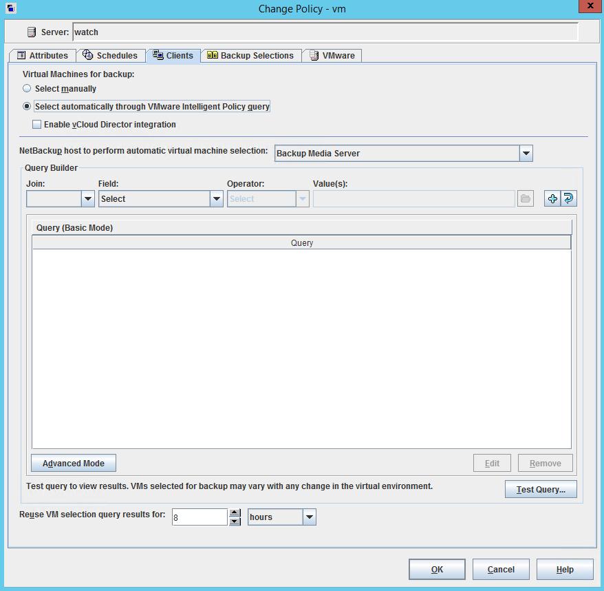 Configure a VMware Intelligent Policy Configuring automatic virtual machine selection 96 Figure 6-1 Policy Clients tab for automatic selection of virtual machines The Query Builder can operate in
