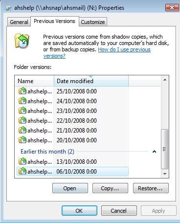 Right-click a file and select Restore Previous Versions Restores files from Backups or