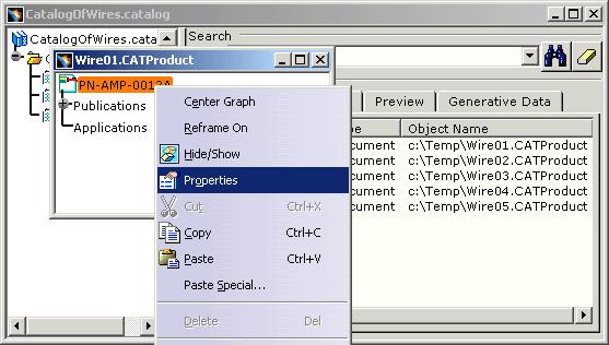 Editing the Wire Properties Page 180 The wires contained in the catalog have properties which can be edited. Open the Wire01.CatProduct generated when running the macro in the previous task. 1. Right-click the PN-AMP-0012A product in the specification tree and select the Properties item.