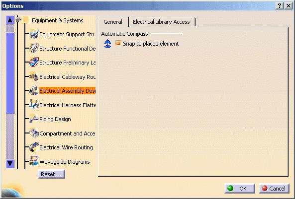 General Page 259 1. Select the Tools -> Options menu. The Options dialog box is displayed. 2. Click Equipment & Systems in the left-hand box. 3. Click the Electrical Assembly Design workbench.