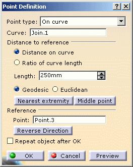 Page 285 To do so: a. Click the Point button. The dialog box opens to create Point.6. b. Enter the following values: Point type: On curve Distance on curve Length: 250mm Reference point: Point.
