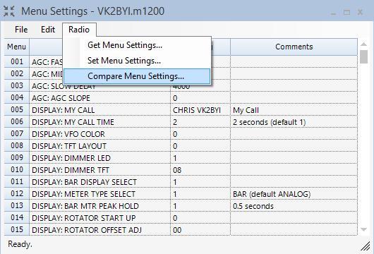 Comparing Menu Settings Select the Compare Menu Settings option from the