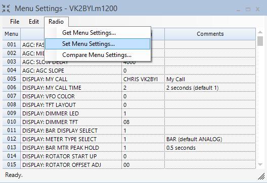 If a difference is detected, a dialog will be displayed showing the worksheet values on the left and the transceiver values on the right: In this case, menu setting 006 was changed in the transceiver