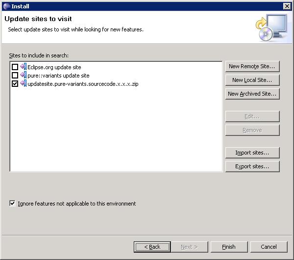 Figure 1. Eclipse Installation Wizard (1) Figure 2. Eclipse Installation Wizard (2) A full-featured pure::variants must also be installed in this Eclipse before installing the Connector.