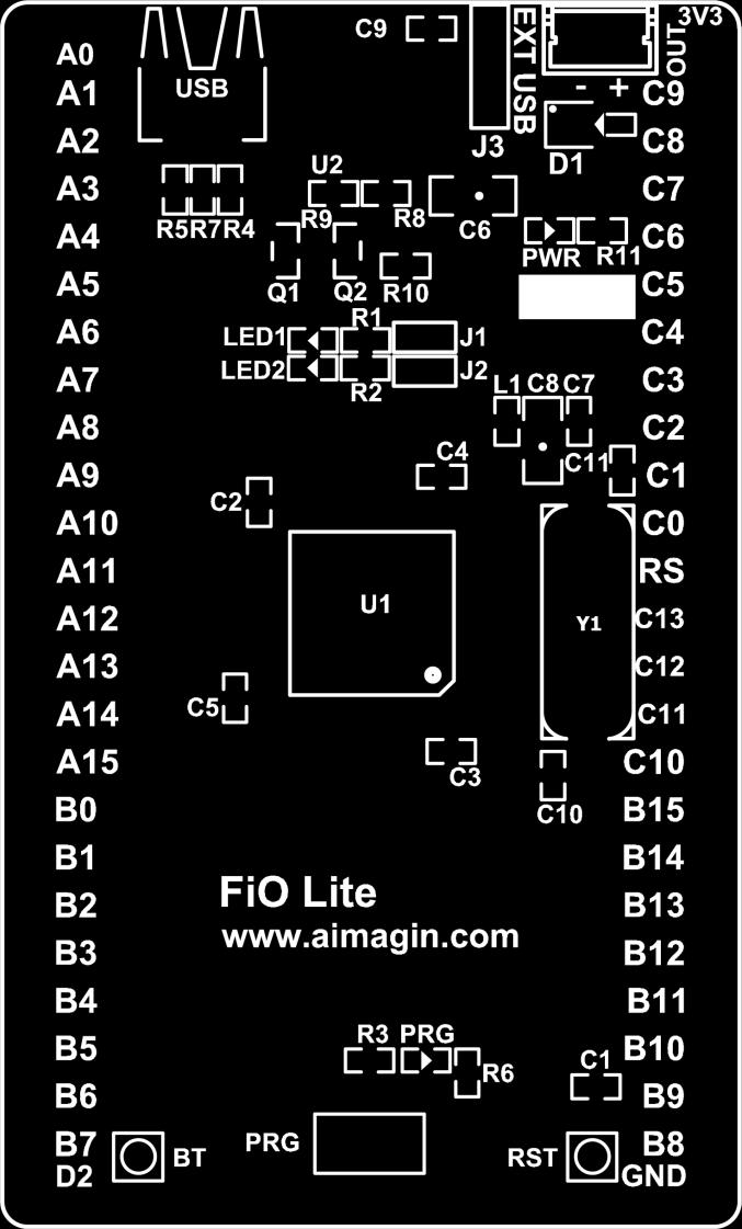 FiO Lite PCB LAYOUT EXT USB J5 Select External or USB as the source of power supply External supply input (5VDC Maximum) GND +.
