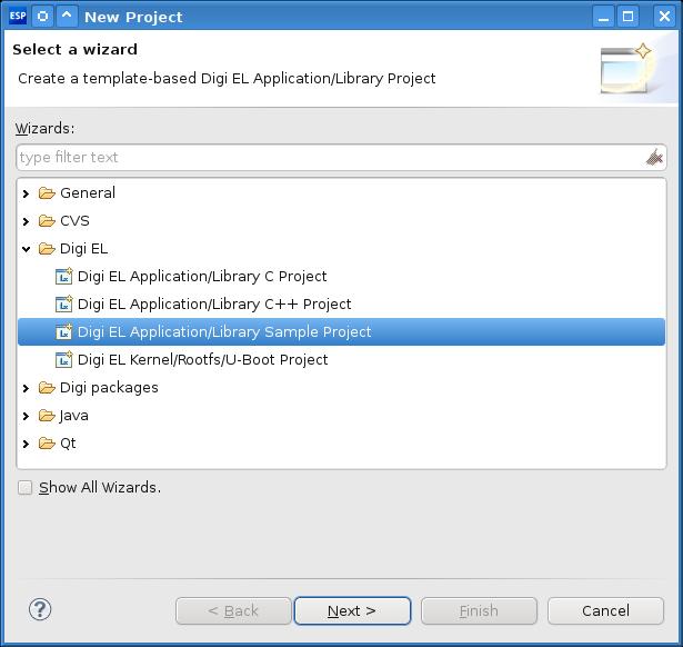 7. Create a template-based managed make project Next, create a new application project. Select File > New > Project... The New Project wizard is displayed.