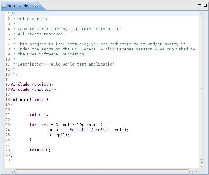 The C/C++ Editor is opened with the application's code.