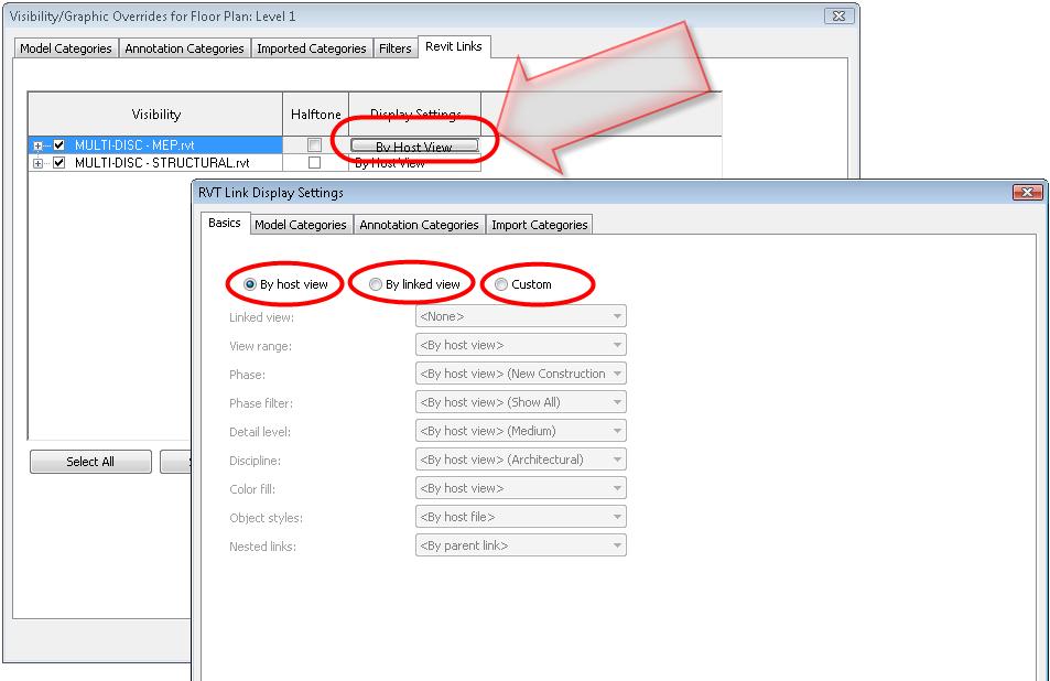 Visibility for Linked Revit Models Parameters that control the visibility and appearance of linked Revit models are grouped under their own tab, Revit Links, in the Visibility/Graphics dialog.