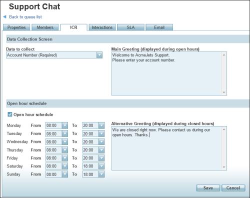 Figure 7: Defining Interactive Chat Response 6. Specify open hour schedule for processing chat interactions. 7. Enter an Alternative Greeting for closed hours.