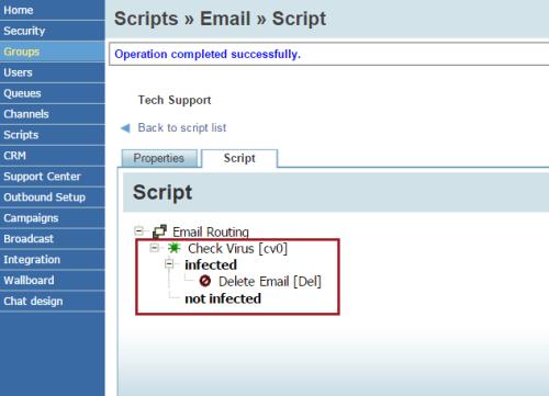 c. Enter Delete Infected in the Label text entry area, then click OK. Use the same script design principles to incorporate the Check Spam and Check Flood objects into an email script.