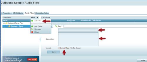 Figure 24: Adding an Audio File 7. Enter a Name and Description of the audio file. 8. Click Choose File and select an audio file of the message to upload.