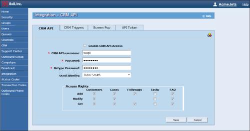 To display the CRM API page, in the Configuration menu, click Integration then click the CRM API tab.